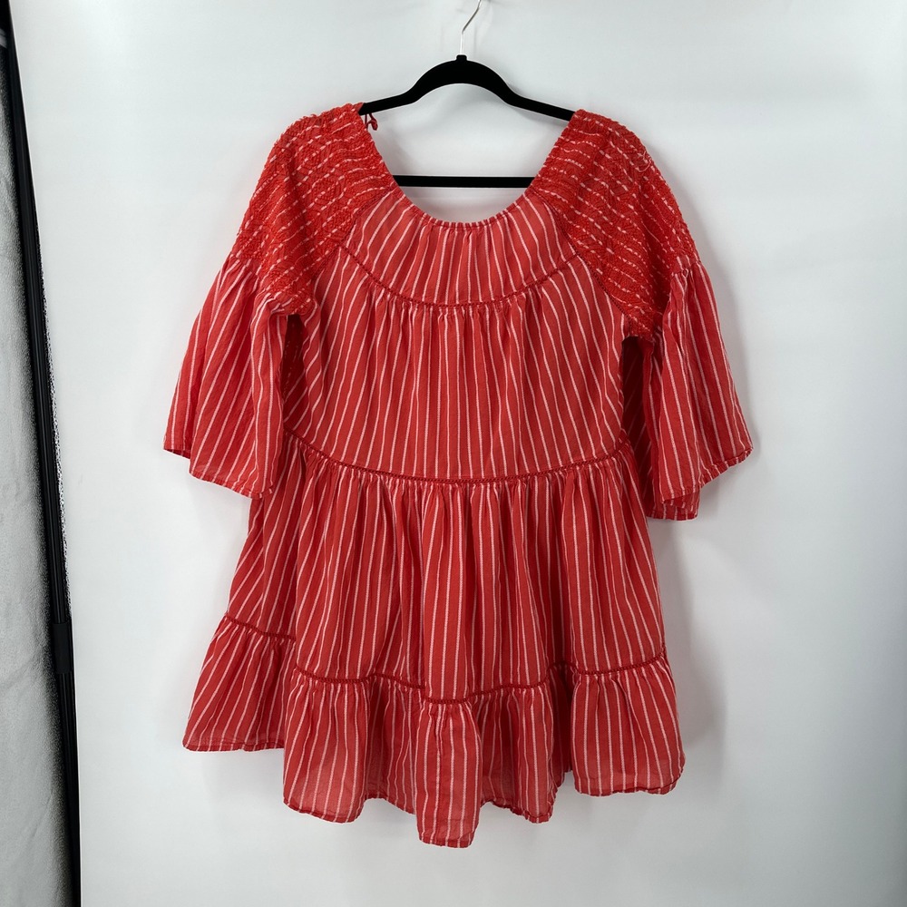 Free People Boho Festival Tiered Mini‎ Dress Small Lola Orange Flowy Oversize